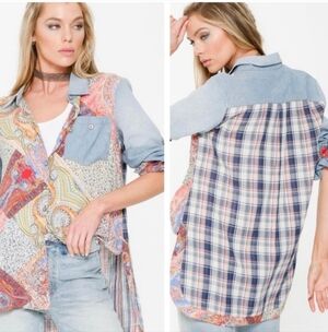 Aratta Silent Journey Anthropologie Texas Shirt Patchwork Womens Blouse Small